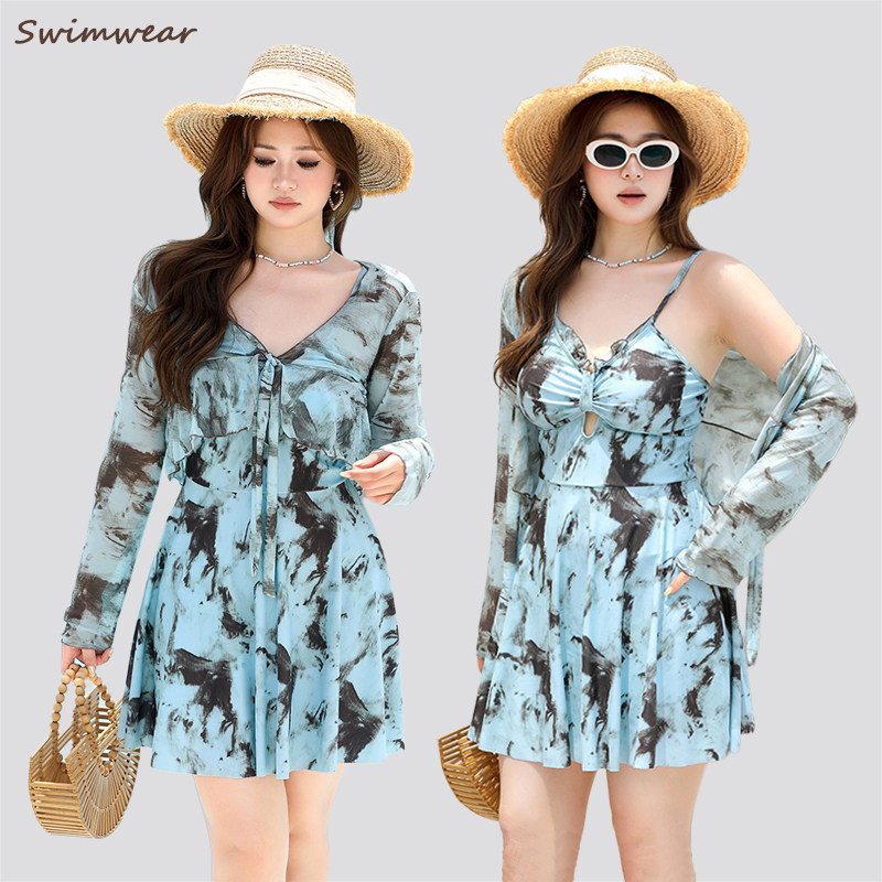 复古大码泳衣女200斤显瘦遮肉长袖防晒保守泡温泉新款连体裙泳装