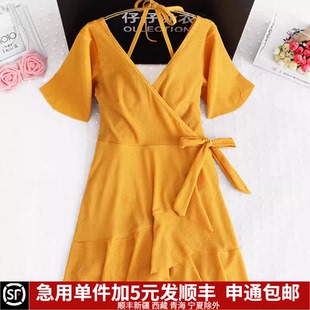 短袖荷叶边黄色泳衣女连体裙式保守平角遮肚温泉V领胖mm显瘦大码