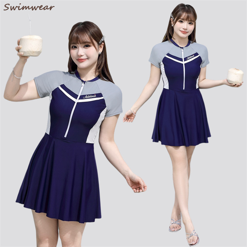 运动学院保守300斤微胖mm女孩连体泳衣短袖裙式大码遮肉显瘦温泉