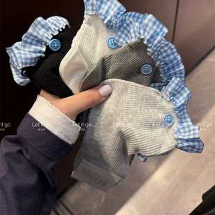 蓝色格子袜子花边纽扣少女miu系灰色配玛丽珍鞋 春夏薄款 中筒袜女