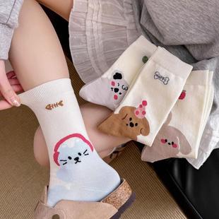 早秋可爱脚后跟卡通动漫小动物小狗考拉猫咪外穿棉质彩色中筒袜女