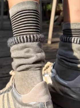秋冬假两件拼色条纹毛毛袜叠穿搭配喇叭口翻边复古堆堆袜中筒袜女