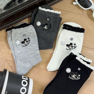 中筒袜女 卡通可爱刺绣韩系珍珠扣饰品袜时尚 早春新款 欧货女袜个性