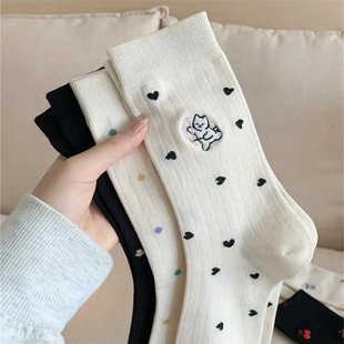 6双秋冬刺绣小狗小猫樱桃贴布可爱波点爱心彩色棉中筒袜外穿女袜