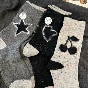 秋冬杂灰色系芭蕾风蝴蝶结爱心星星无骨羊毛外穿保暖格雷中筒袜女