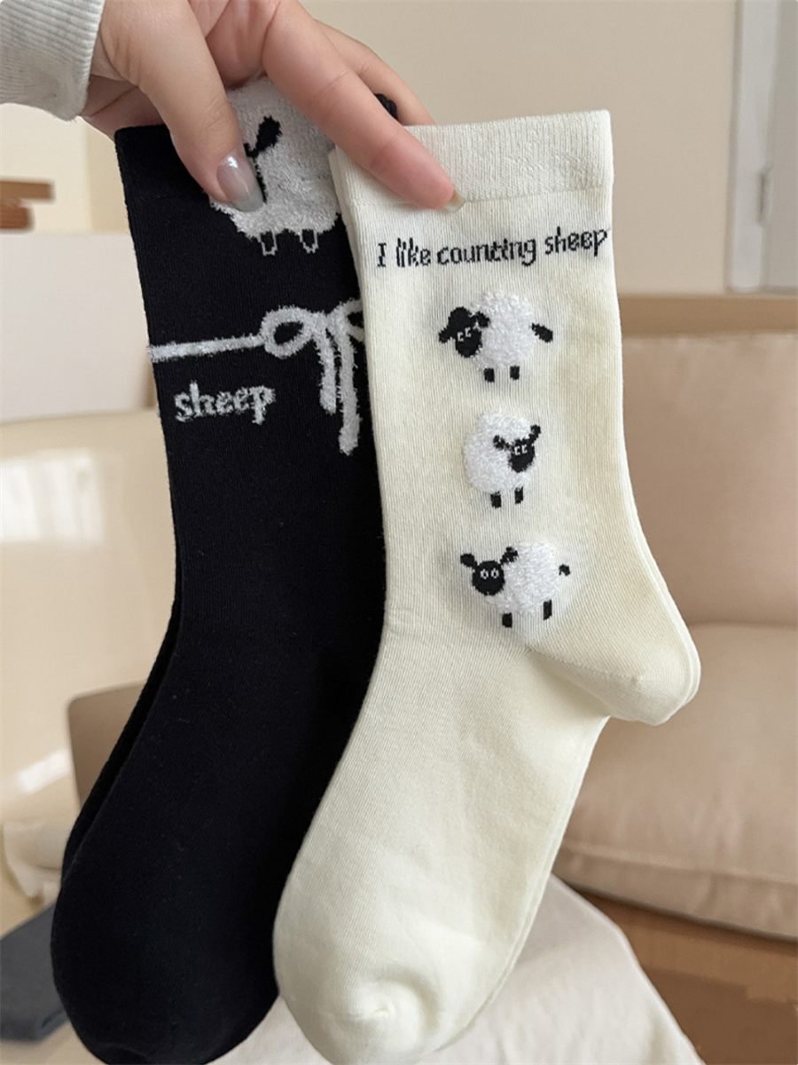 秋冬植绒小羊中筒袜纯棉卡通原创