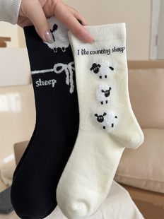 秋冬韩版 植绒三只小羊卡通黑白动物棉质温温暖外穿ins潮袜中筒袜