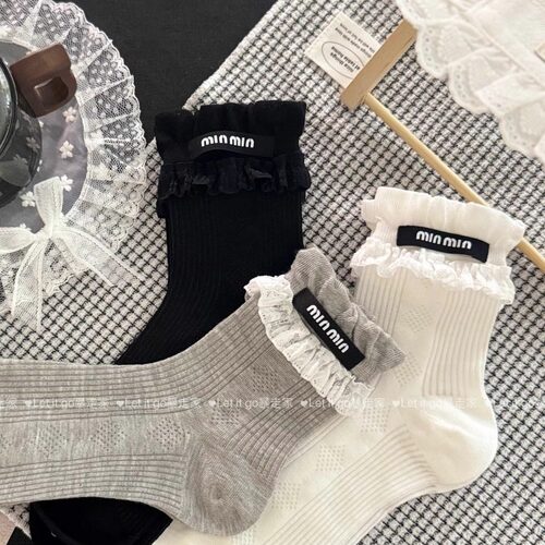 春夏薄款韩系ins风蛋糕边双层立体玩偶字母格子芭蕾舞风中筒袜女