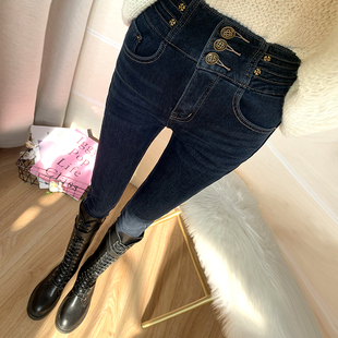 小脚长裤 女加绒修身 冬 特显瘦复古蓝灰色高腰收腹牛仔裤 一条过冬