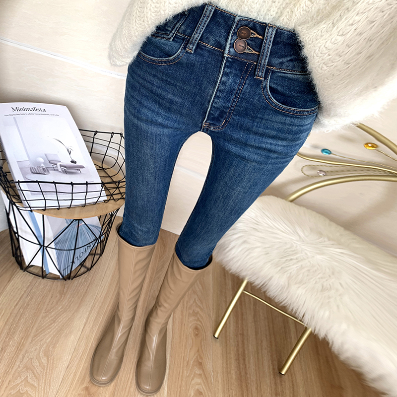 深蓝色高腰双排扣加厚薄绒牛仔裤