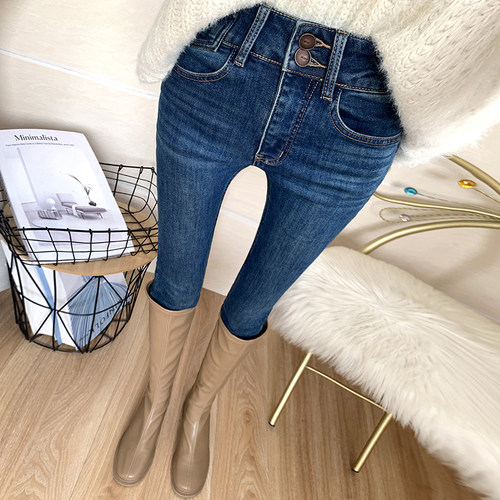 深蓝色高腰双排扣加厚薄绒牛仔裤