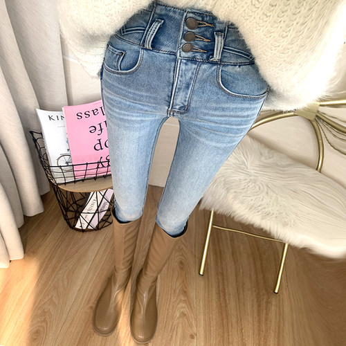 加绒牛仔裤女冬季薄绒小脚裤