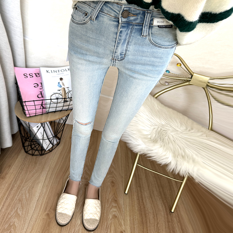 洋气小清新浅蓝白小个子九分牛仔裤女时尚破洞弹力紧身小脚裤春夏