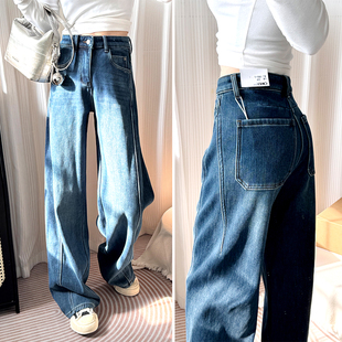 加绒休闲拖地裤 女加长直筒裤 冬 复古宽松显瘦阔腿牛仔裤 遮肉神裤