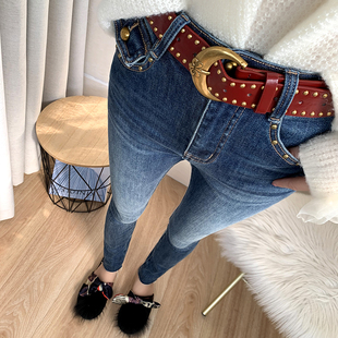 巨显瘦~洋气深蓝色牛仔裤女铆钉小脚裤弹力修身铅笔裤子高腰秋冬