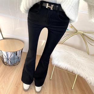 2024冬保暖加绒喇叭裤 女长裤 超模腿纯黑色高腰喇叭牛仔裤 时髦精