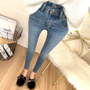 女九分显瘦紧身小脚裤 蓝色高腰双排扣收腹提臀牛仔裤 春 型超赞 版