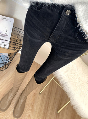 王炸巨显瘦！黑灰色薄绒牛仔裤女韩国东大门弹力提臀加绒小脚靴裤