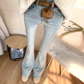 浅蓝色加绒微喇牛仔裤 女长裤 口袋刺绣弹力修身 显瘦推荐 喇叭裤 冬
