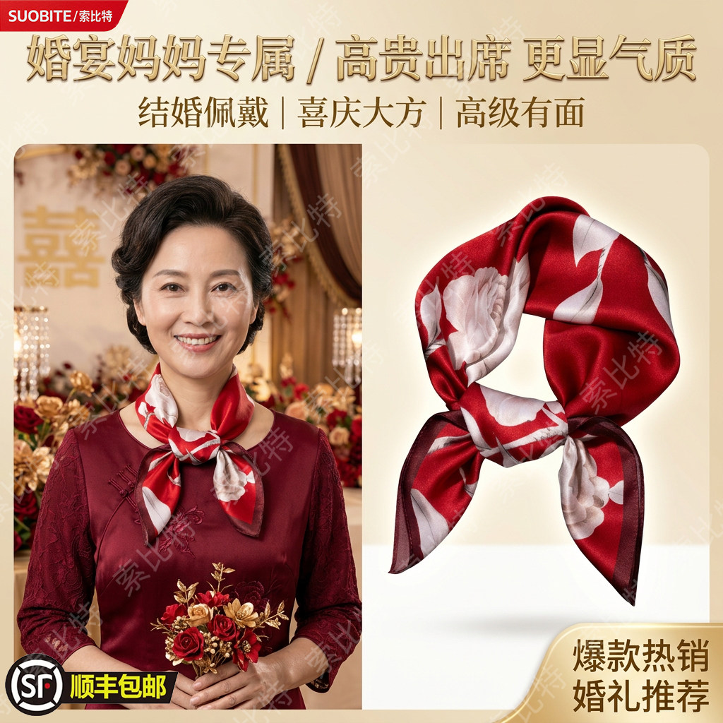 喜妈妈结婚红色真丝丝巾系脖婚礼宴女配礼服妈妈款方巾桑蚕丝围巾