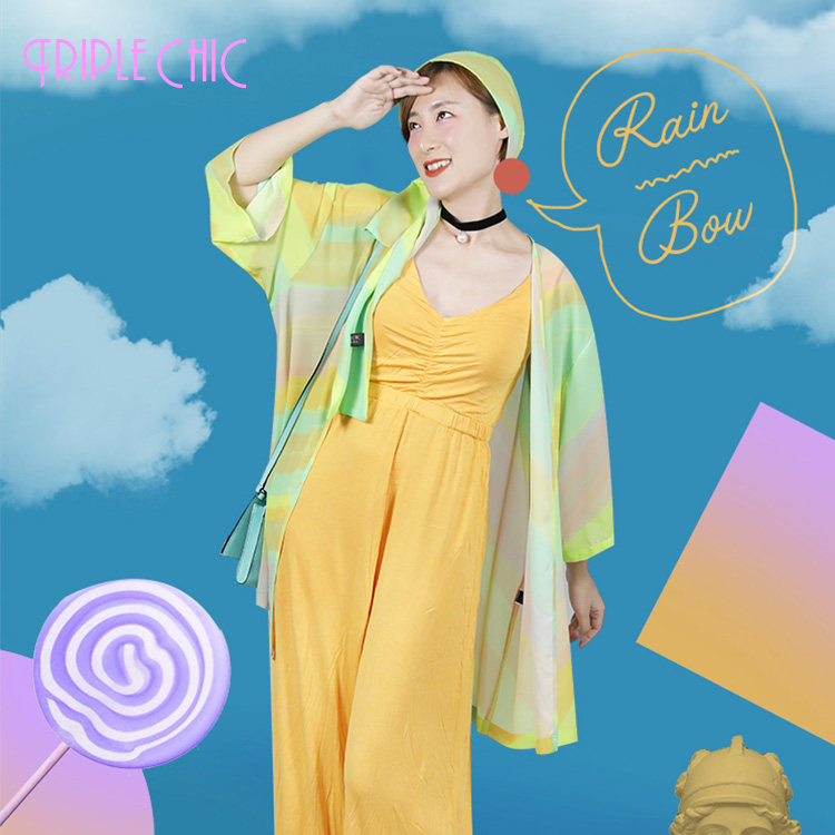 优雅博物馆原创女夏薄款黄绿彩虹图案雪纺开衫印花长款百搭外套