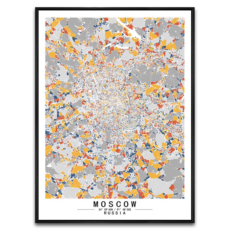 俄罗斯莫斯科北欧艺术抽象城市彩色地图装饰画现代落地画餐厅挂画