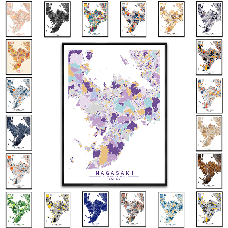 日本长崎艺术抽象城市彩色色块地图装饰画现代餐厅房间办公室挂画图片
