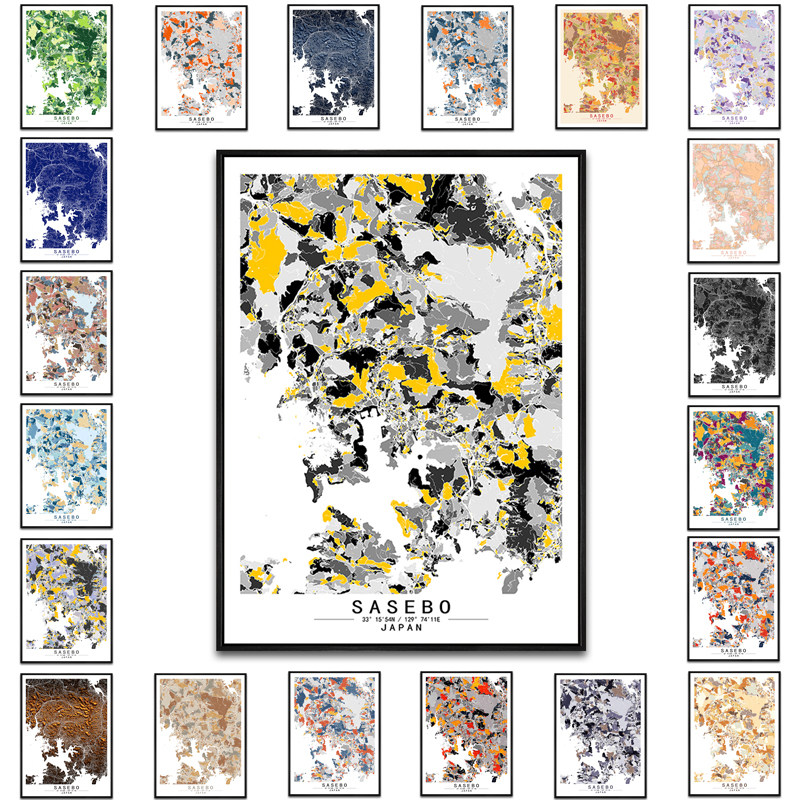 日本佐世保艺术抽象城市彩色地图装饰画现代餐厅房间办公室挂画