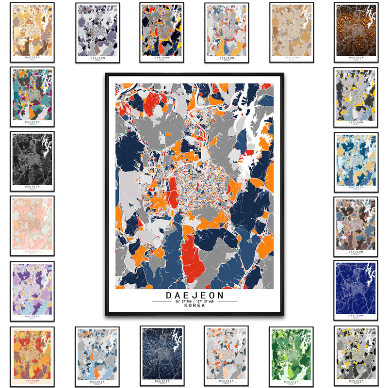 韩国大田艺术抽象城市彩色色块地图装饰画现代餐厅书房办公室挂画图片