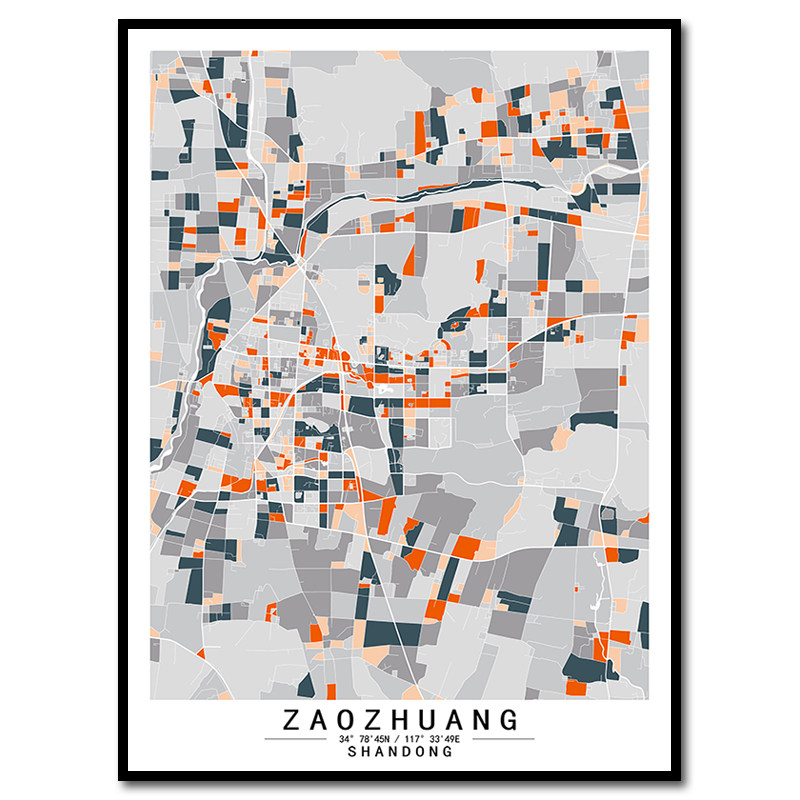 山东枣庄城市地图挂画彩色色块简欧客厅背景装饰画玄关创意艺术画