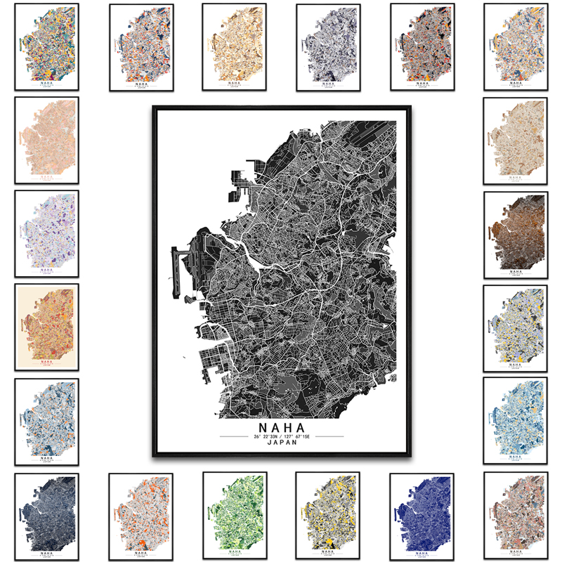 日本那霸艺术抽象城市彩色色块地图装饰画现代餐厅房间办公室挂画图片