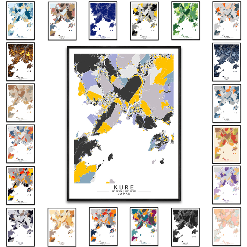 日本吴市艺术抽象城市彩色色块地图装饰画现代餐厅房间办公室挂画图片