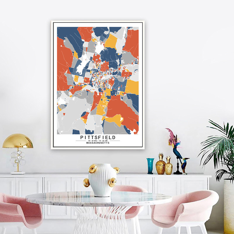 皮茨菲尔德麻萨诸塞州美国艺术抽象城市彩色色块地图装饰画墙壁画