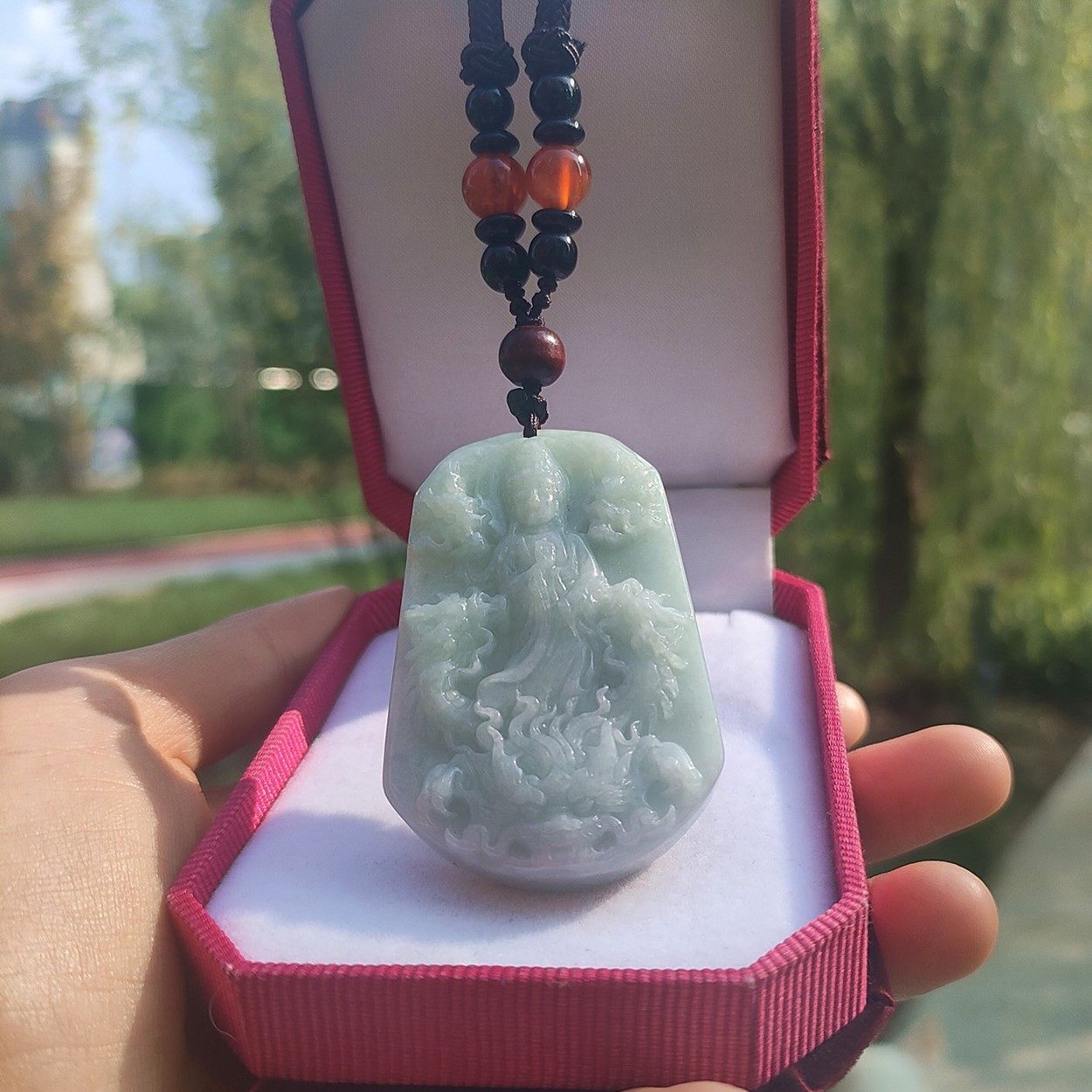 心玉行天然翡翠A货双面九龙护主观音菩萨吊坠毛衣链男女项链挂件