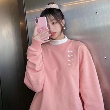 甜味少女早春学生纯色宽松简约套头显白刺绣圆领长袖闺蜜情侣卫衣