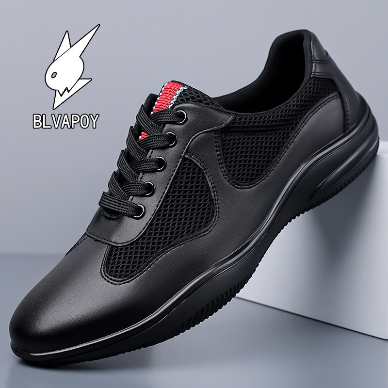 花花公子春夏新款透气休闲鞋真皮白色百搭牛皮配网布软底软面男鞋