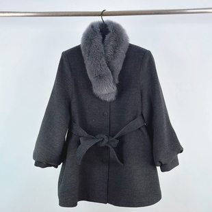 专柜正品收腰灯笼袖狐狸毛领羽绒外套女高级感名媛小个子毛呢大衣