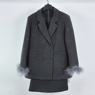 6135小香风毛呢羽绒套装女冬高档气质时髦烫钻西服外套短裙两件套