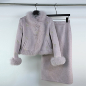 富家千金重工刺绣显瘦小香风羽绒套装 女冬狐狸毛外套半身裙两件套