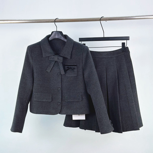 法式 女冬chic显瘦毛呢蝴蝶结外套半身裙两件套 轻奢小香风羽绒套装