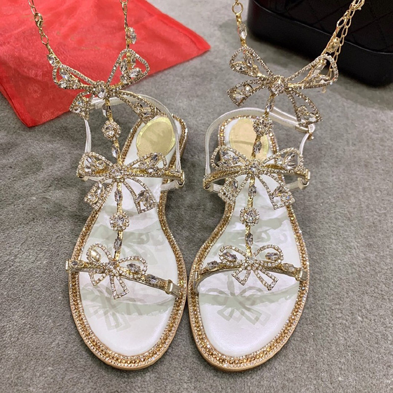 2019新款網紅涼鞋女夏仙女風百搭蝴蝶結平底平跟水鑽鏈子露趾拖鞋在類目 女鞋, 涼鞋中 - 來自Buy2taobao.com提供專業的淘寶代購服務