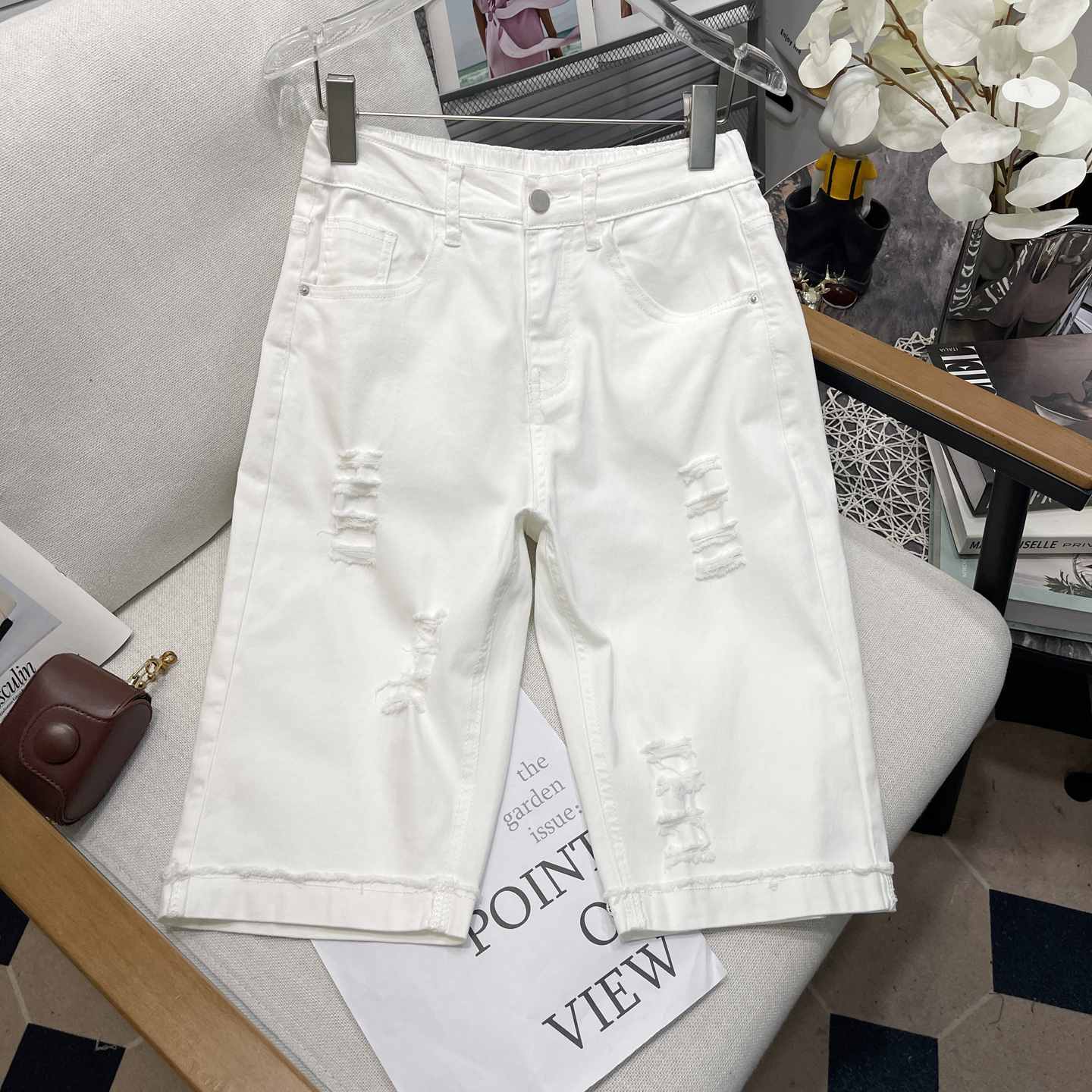 大码女装夏季弹力破洞直筒牛仔裤