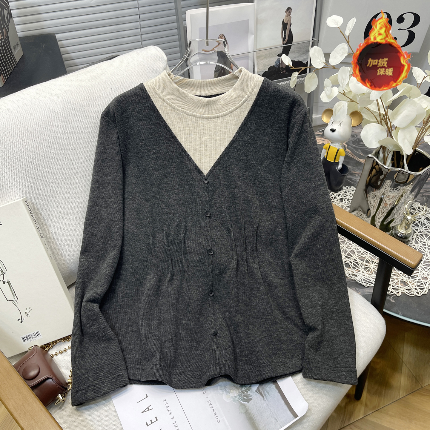 大码女装磨毛假两件半高领打底衫