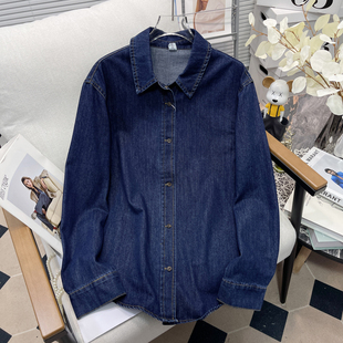 胡子叔大码 女秋冬内搭叠穿衬衣胖mm正肩上衣春 女深蓝色软牛仔衬衫