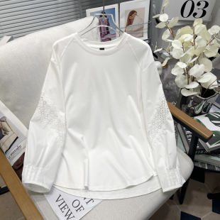 女装 白色T恤女胖mm打底衫 春秋新款 袖 蕾丝钩花拼接衬衫 胡子叔大码