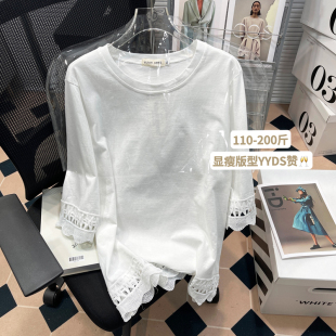 上衣 拼接镂空蕾丝显瘦百搭纯色大码 纯棉T恤女胖mm韩版 宽松九分袖