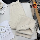 子直筒窄版 胡子叔大码 女秋冬新款 毛呢开叉裤 女装 人字纹加绒阔腿裤