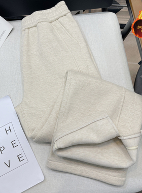 胡子叔大码女装人字纹加绒阔腿裤女秋冬新款毛呢开叉裤子直筒窄版