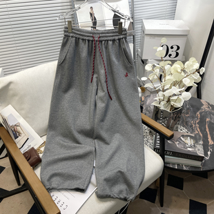 女装 大码 款 撞色抽绳运动裤 秋季 刺绣宽松束脚两穿阔腿直筒卫裤 新款