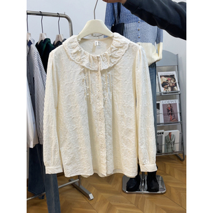 微胖大码女装春季新款重工刺绣衬衫女显瘦韩版娃娃领设计感棉衬衣